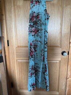 SHEIN Aqua Spaghetti-Strap Floral Maxi Dress with Pink Rose Accents